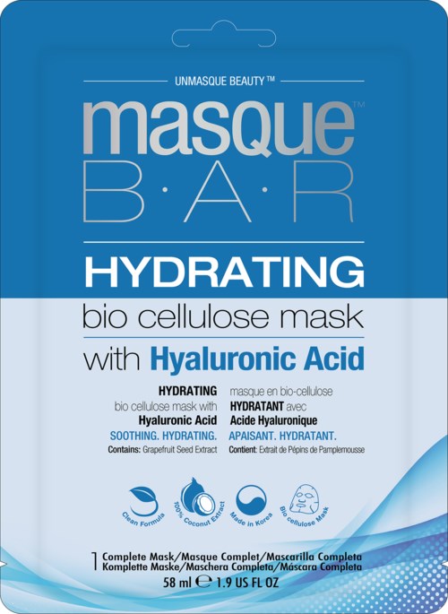 Blå og hvit emballasje for en fuktighetsgivende ansiktsmaske med hyaluronsyre. Den viser en maske-ikon og ingredienser som grapefruktekstrakt.