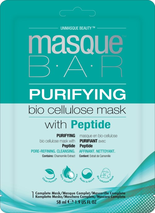 Et tealfarget emballasje for rensende bio-cellulose ansiktsmaske med peptid, som inneholder egenskaper som pore-forbedring og beroligende ingredienser.