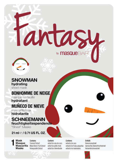 Et snømannansikt med ørevarmere på en ansiktsmaskeemballasje, med tittelen 'Fantasy' i stor rød skrift.