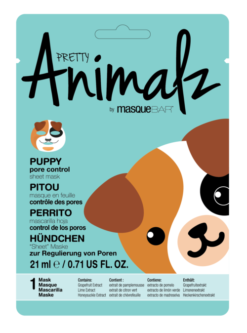 Packaging for a puppy face mask for pore control, colorful illustration of a puppy's face, with text in multiple languages.