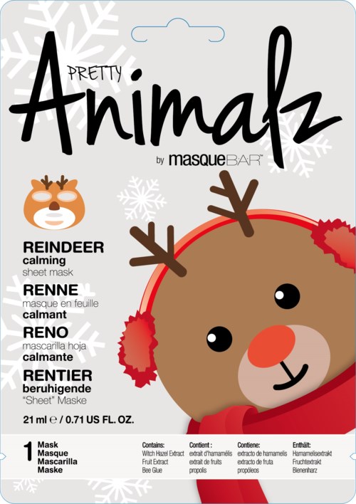 Logo för 'Pretty Animalz' av masqueBAR med en ren med röda öronmuffar och röd näsa.