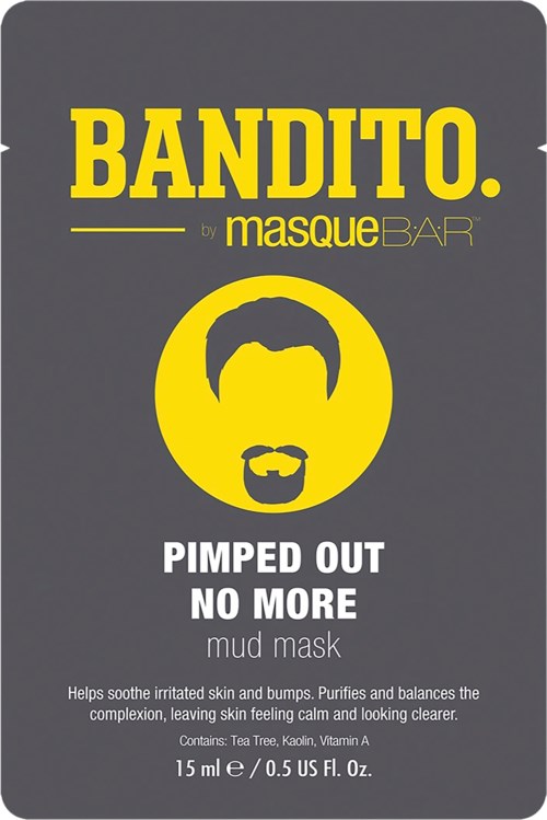 En lermaskprodukt som heter Bandito av MasqueBar, med en logo av ett skäggigt ansikte. Den påstår att den lugnar huden.