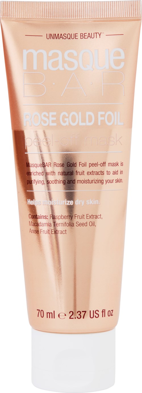Ett ansiktsmaskrör i rosa, märkt 'Rose Gold Foil'. Det innehåller frukt extrakt och fröolja.
