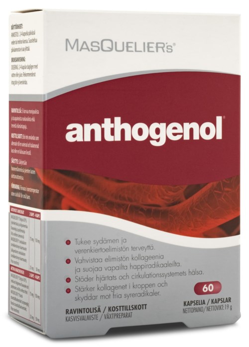 Box med Anthogenol-kapslar med röd och vit förpackning, visar produktens namn och fördelar på flera språk.