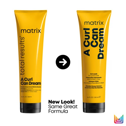 To gule hårpleierør, med ulike etiketter, viser en produktendring men samme formel. Den ene sier 'A Curl Can Dream', den andre 'A Curl Can Dream'.