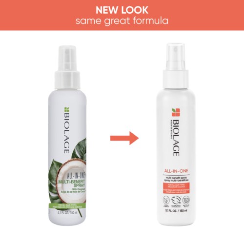 Två flaskor Biolage All-In-One Multi-Benefit Spray, en med kokosnöt, visar en ny look med samma formula.