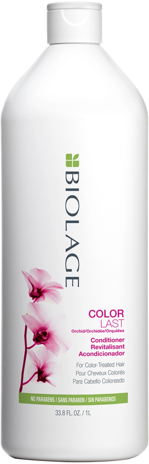 Biała butelka z różowym kwiatem na etykiecie. Opis: Biolage Color Last odżywka do koloryzowanych włosów.