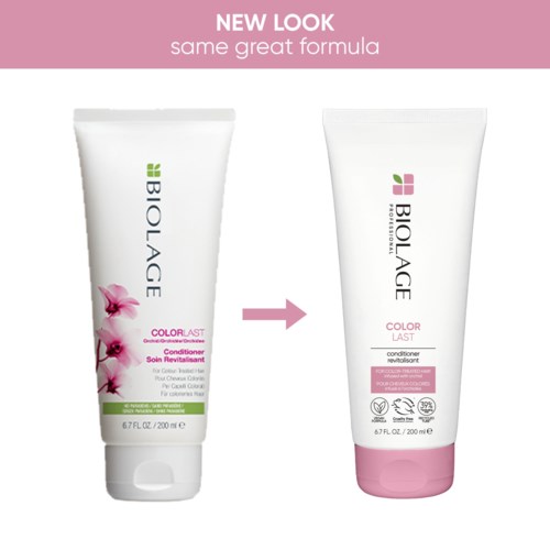 To flasker med Biolage balsam viser et nytt utseende, samme formel, med rosa blomsterdesign og rosa lokk.