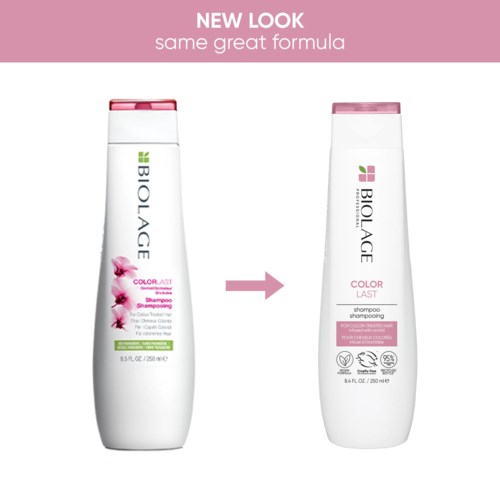 Two bottles of Biolage shampoo show a new look but the same formula, with pink and purple accents, 250 ml each.