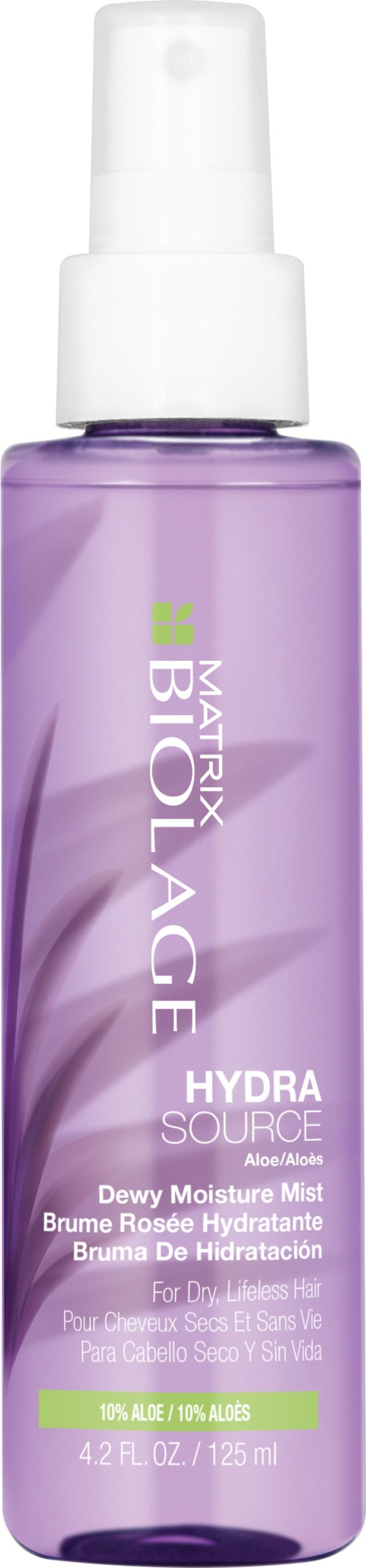 En lila sprayflaska märkt 'Biolage HydraSource' med vit lock, avsedd för hårfukt, innehåller aloe och rosenvatten.