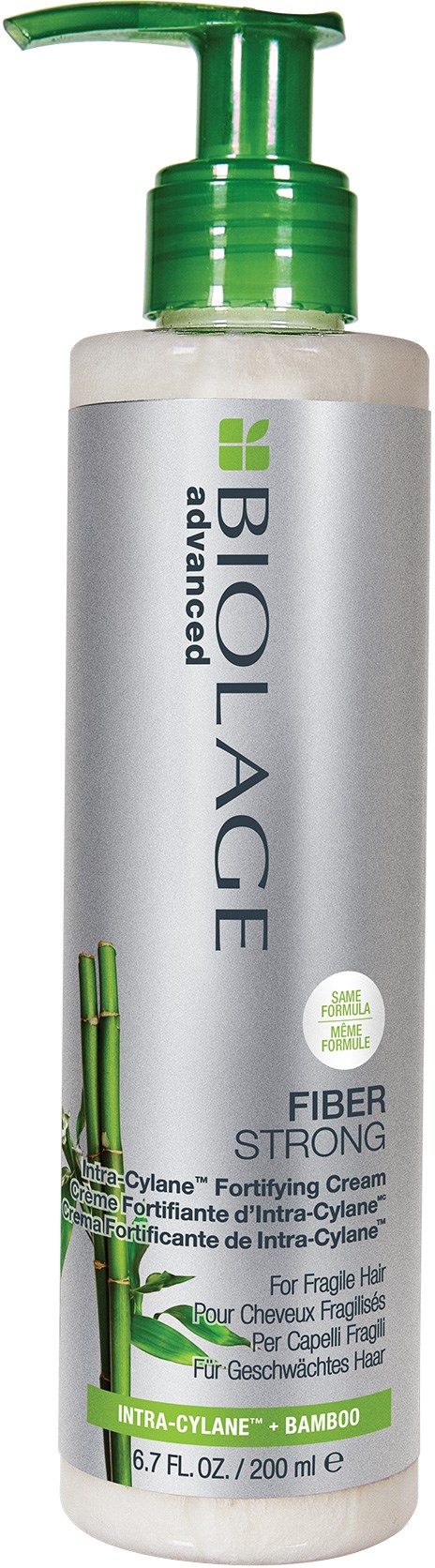 A white bottle with a green pump labeled 'Biolage Advanced Fiber Strong' anti-breakage hair cream with bamboo, 200 ml.