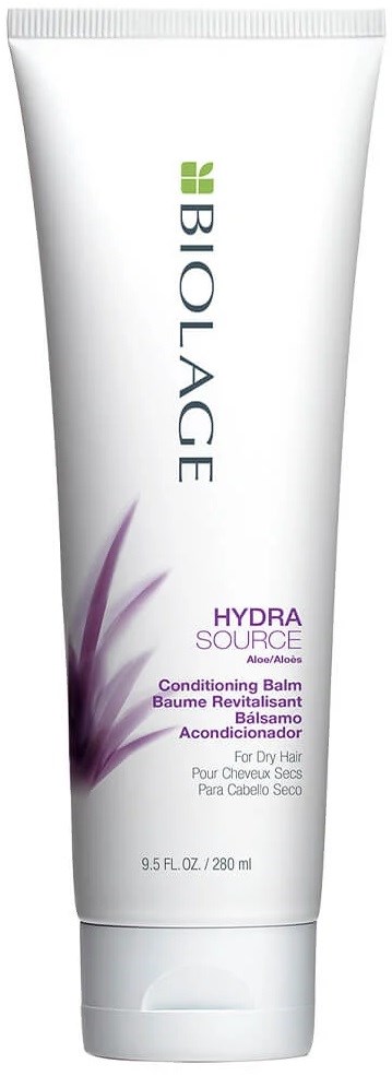 En vit tub av Biolage HydraSource Konditionering Balm med lila grafik och text för torrt hår. Storlek 9,5 fl oz.