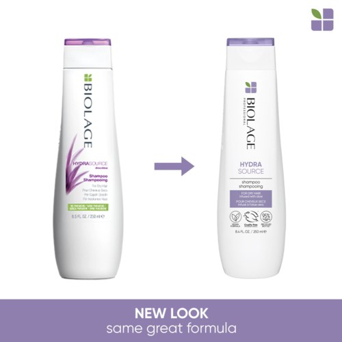 Two Biolage shampoo bottles shown, one with a purple cap and label, the other with a purple cap and a different label.