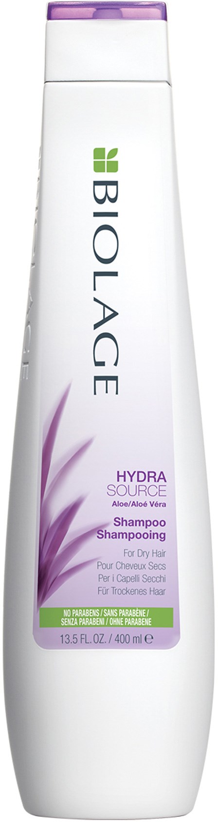 En hvid flaske med lilla accenter, mærket Biolage HydraSource Shampoo til tørt hår, 13,5 fl oz (400 ml).