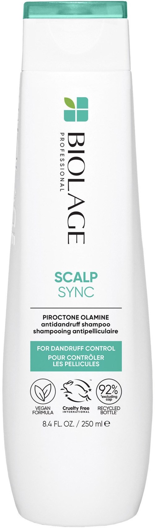 Hvit sjampo flaske med grønn deksel, merket BioLage Scalp Sync for flasskontroll.