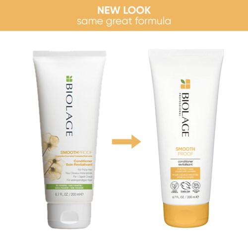 Biolage balsamförpackning visas med ett uppdaterat utseende, samma formula, nu med gul topp och renare design.