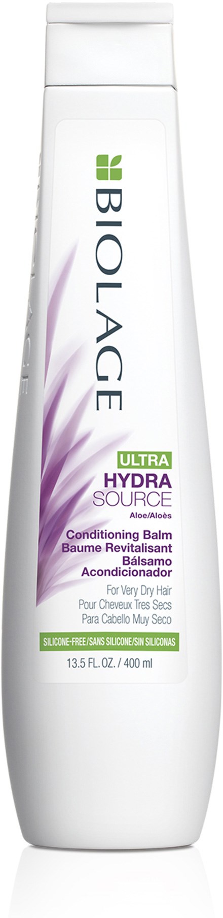 En vit flaska med svart lock, märkt Biolage Ultra Hydra Source Conditioning Balm för torr till mycket torrt hår.