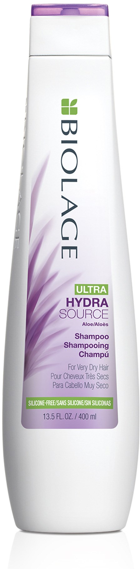 En hvit sjampo flaske med lilla og grønt tekst og design, merket 'BioLage Ultra Hydra Source'.