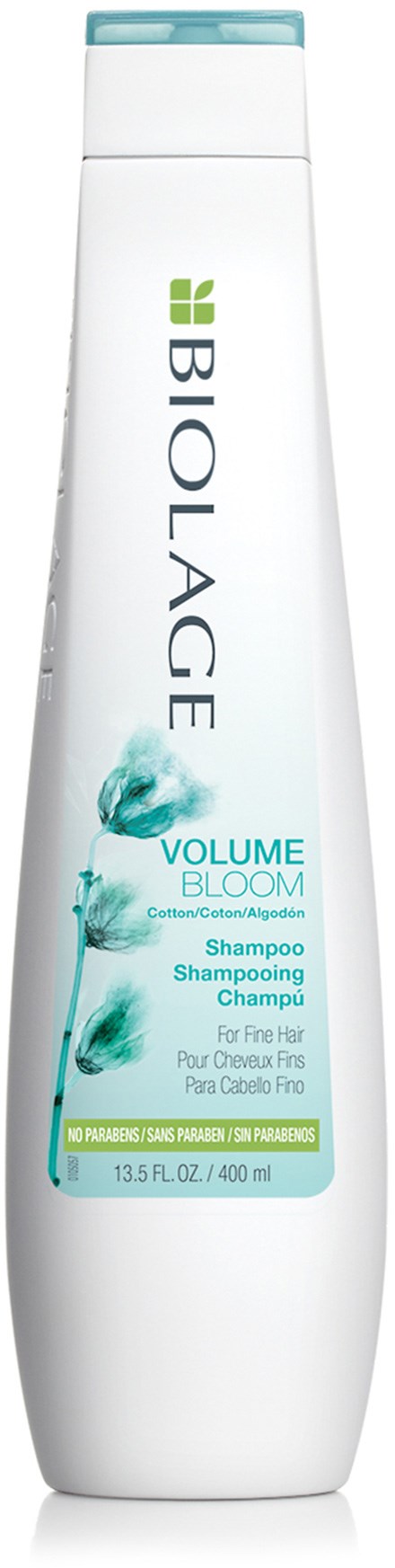 A tall white bottle of Biolage shampoo with green and blue labels for volume boost and hair care.