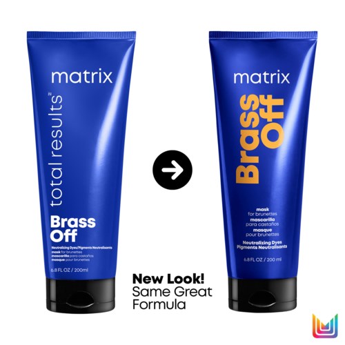 Two blue tubes of hair dye, one labeled 'Brass Off' and the other with similar branding, showing a color change.