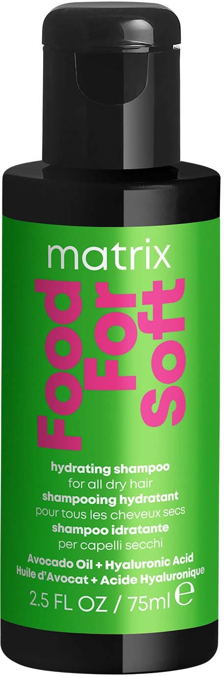 Grøn flaske med Matrix Food for Soft fugtgivende shampoo med sort låg.