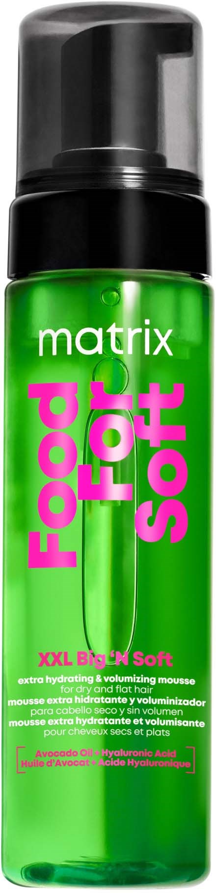 Hellgrüne Flasche mit Schaum für weiche Haut von der Marke Matrix. Etikett zeigt, dass es eine große, feuchtigkeitsspendende und volumengebende Mousse ist.