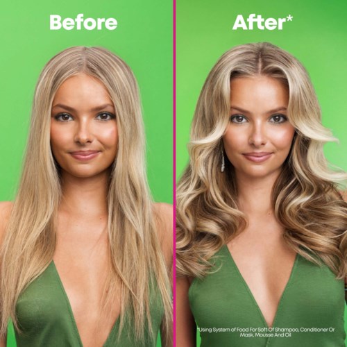 Seitenvergleich eines Frau vor und nach Frisieren, mit welligem, voluminösem Haar im Nachbild.