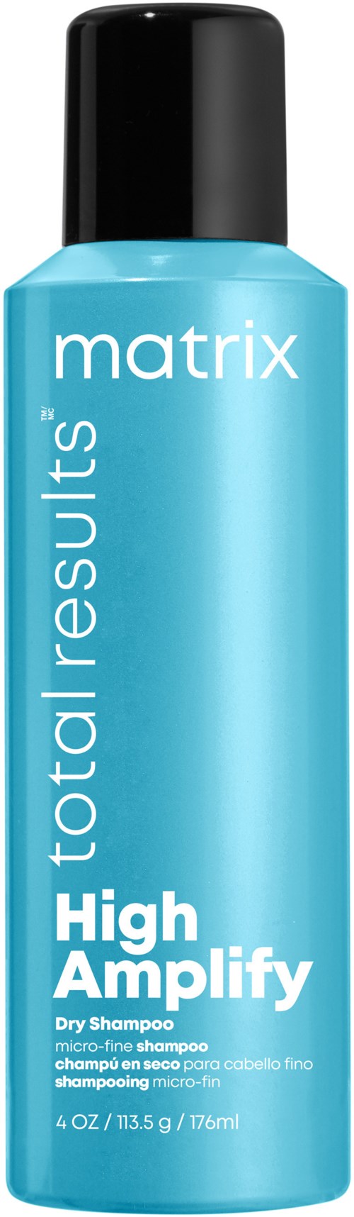 En blå flaska med Matrix Total Results High Amplify torrschampo med svart lock.