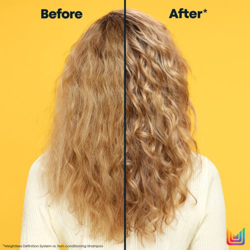 The image compares hair before and after using a non-conditioning shampoo, showing smoother, curlier hair after treatment.