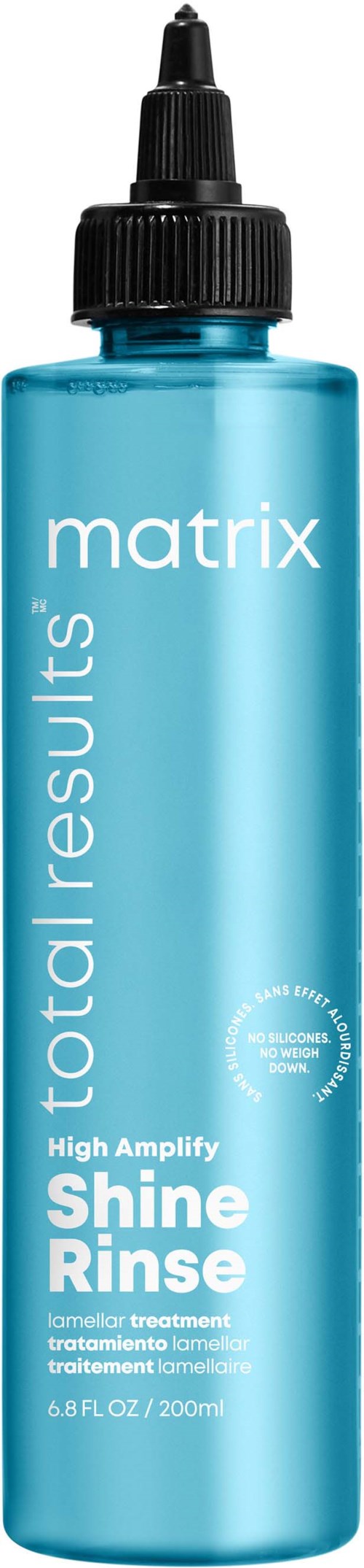 En blå flaska med svart pump, märkt 'Matrix Total Results Shine Rinse', används för hårvård.