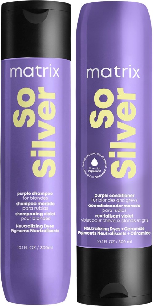 Two purple hair care bottles labeled 'Matrix So Silver' for blondes, one is shampoo, the other conditioner.