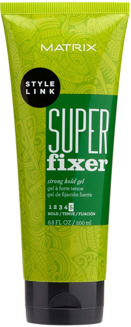 Green tube with black cap, labeled 'Super Fixer' for strong hold gel, with brand 'Matrix' and some instructions.