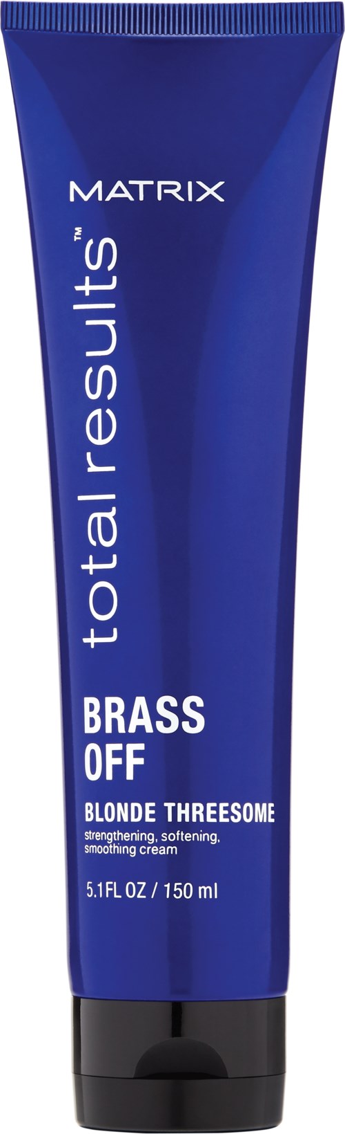 Blue tube of hair product labeled 'Brass Off' for blondes, with instructions for strengthening and softening hair.