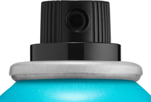 Close-up of a spray bottle nozzle with a black cap, silver ring, and blue container.