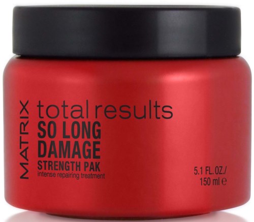 Ett rött hårvårdsproblem med svart lock, märkt Matrix Total Results So Long Damage Strength Pak, 150 ml.