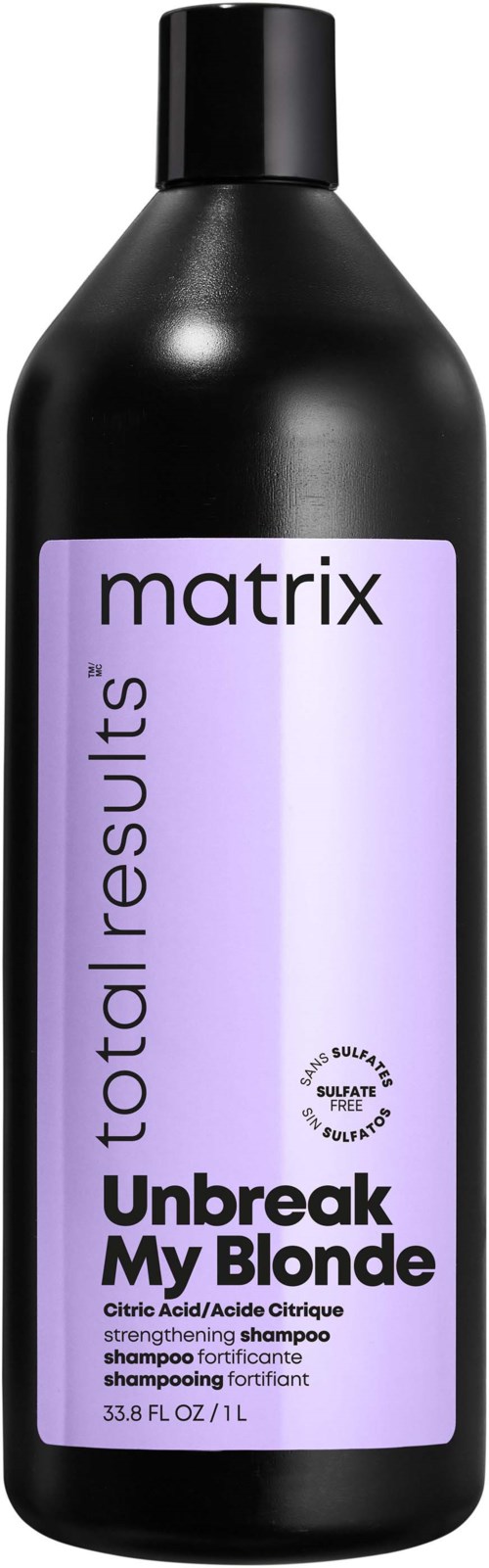 Svart flaska med lila etikett för Matrix Unbreak My Blonde schampo. Flaskan är lång och cylindrisk.