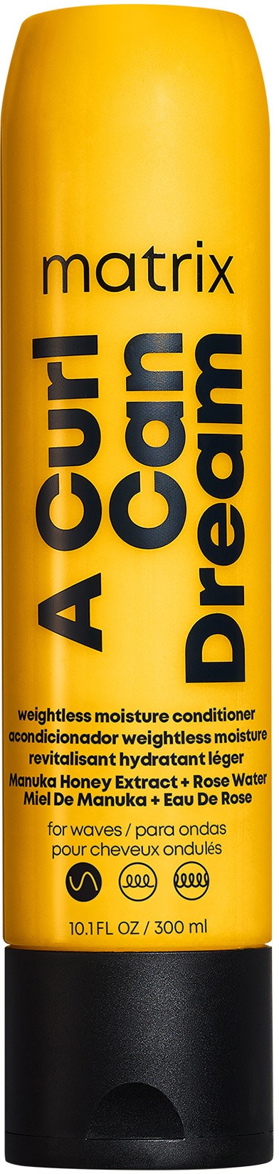 En gul flaske med Matrix Dream On Curl Cream med svart tekst og lokk.