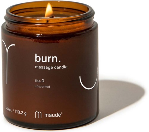A brown candle jar with a lit flame, label says 'burn', unscented, from Maude, 4 oz size.