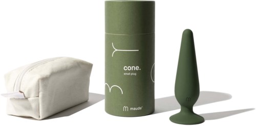 A green cylindrical container, a green item shaped like a cone, and a white pouch are displayed.