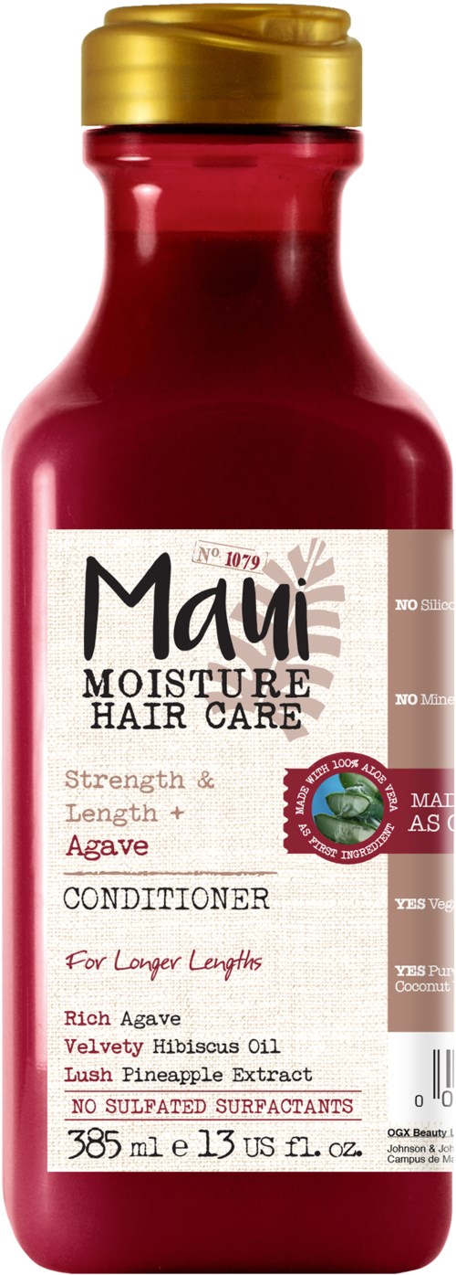 En röd flaska med Maui Moisture Hair Care balsam med guldlock, etiketten nämner agave och hibiskus, för längre hår.