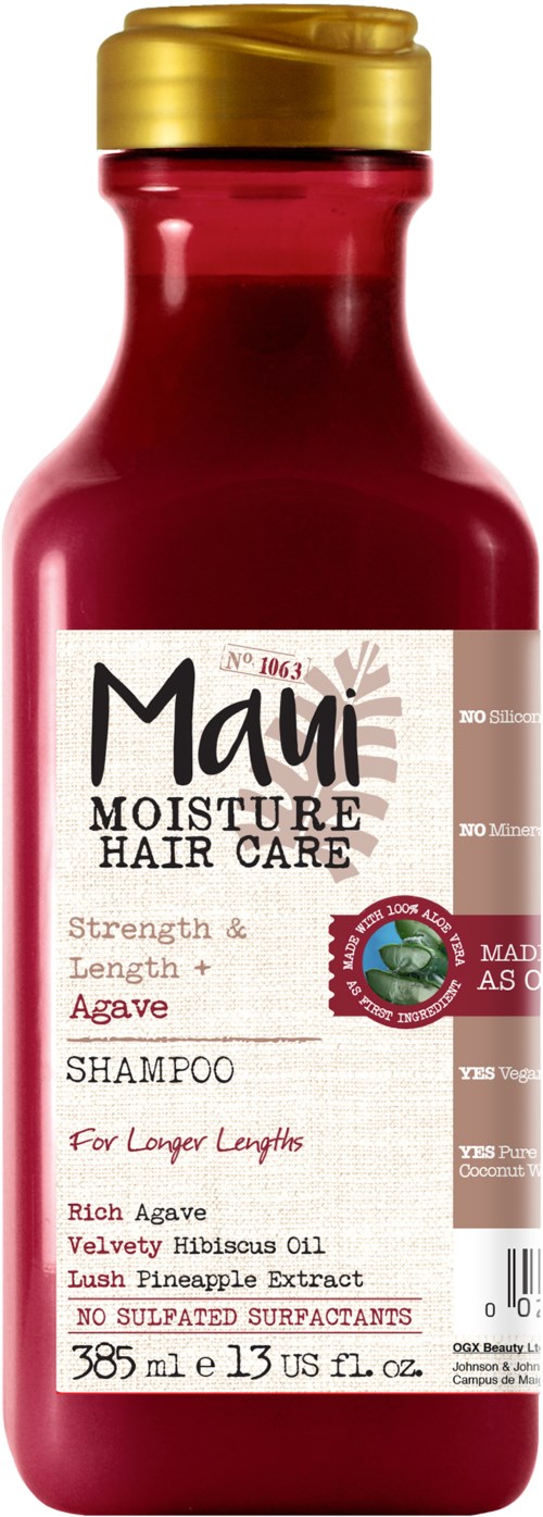 Röd flaska med guldlock, märkt Maui Moisture Hair Care Shampoo med agave och ananas extrakt, för längre hår.
