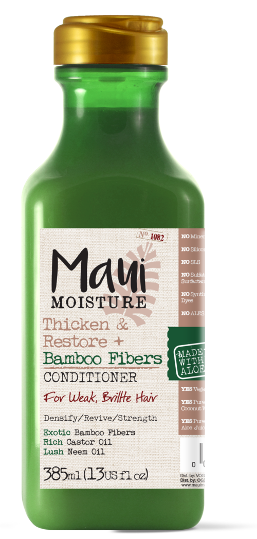 Grön flaska med Maui Moisture balsam, vit etikett, guldkapsel och naturliga produktbeskrivningar.