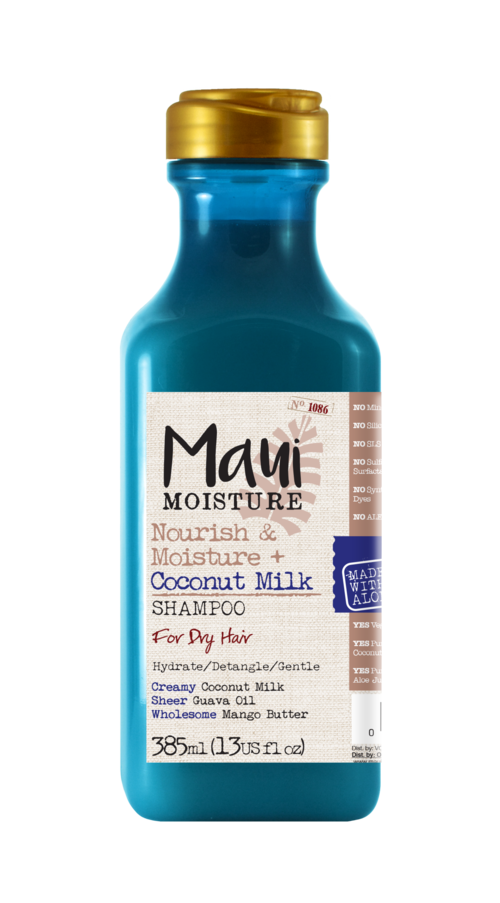 Blå flaska med Maui Moisture-shampo med guldkapsyl och vit etikett, med kokosmjölk och mango på etiketten.