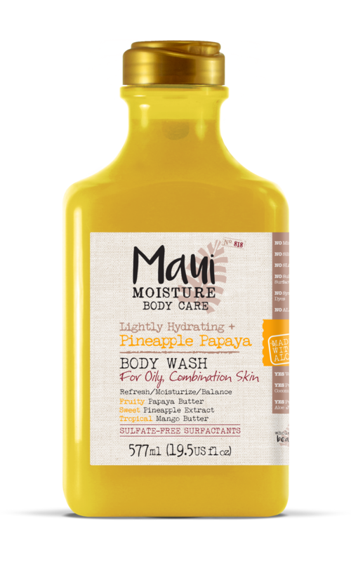 Gul flaska med Maui Moisture Pineapple Papaya body wash, för fet hud, lätt återfuktande, 577 ml.