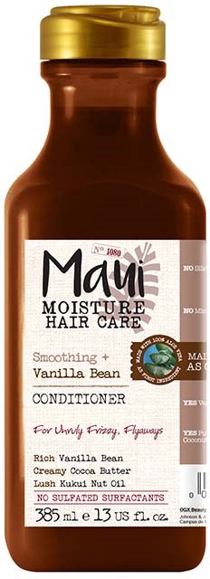Brązowa butelka z złotą zakrętką zawiera odżywkę do włosów May Moisture Hair Care o zapachu waniliowej fasoli, do kręconych włosów.