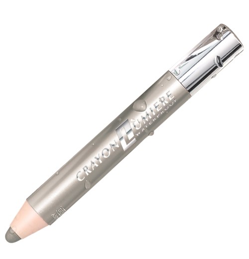 Harmaa kynä, läpinäkyvällä päällä, nimeltä 'CRAYON LUMÉRE' korostamiseen tai merkkaamiseen.