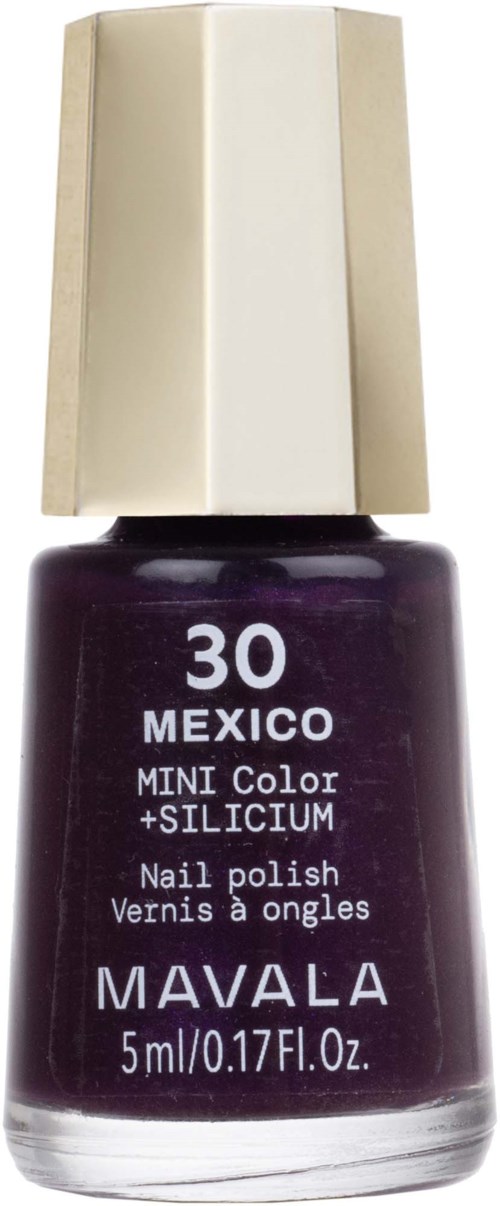 Tumman violetti kynsilakkapullo, jossa beige korkki, merkattu numerolla 30 ja sanalla Mexico.