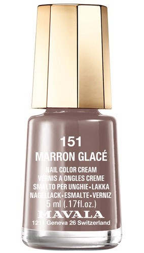 Kleine Flasche mit beigem Nagellack, mit weißem Text für Marke, Nummer und Beschreibung.