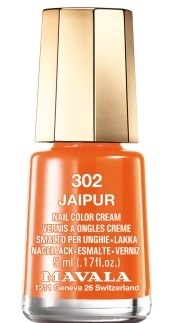 Oranssin sävyn kynsilakkapullo, jossa on merkintä '302 Jaipur' Mavalalta, kullansävyinen ja valkoinen kansi.