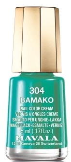 Eine türkisfarbene Nagellackflasche mit goldener Kappe, beschriftet 'BAKAMO 304'.